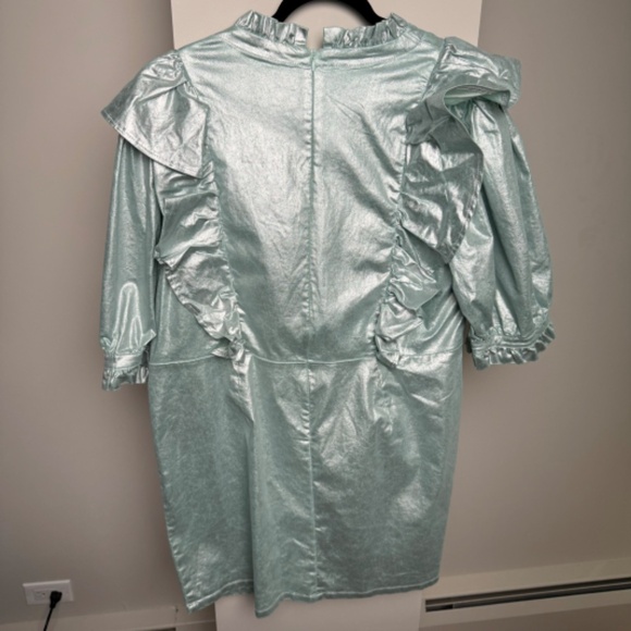 ASOS DESIGN Curve denim metallic dress with high neck and frill detail - Picture 9 of 12